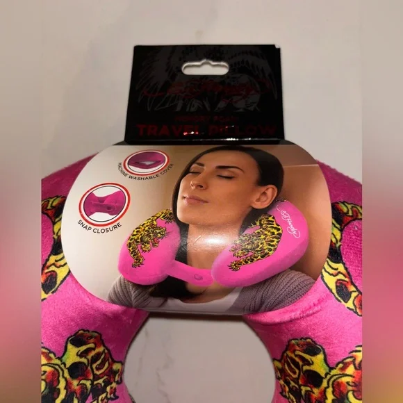 Ed Hardy Tattoo Tiger Travel Neck Pillow Memory Foam Pink NWT Unisex - Picture 3 of 5